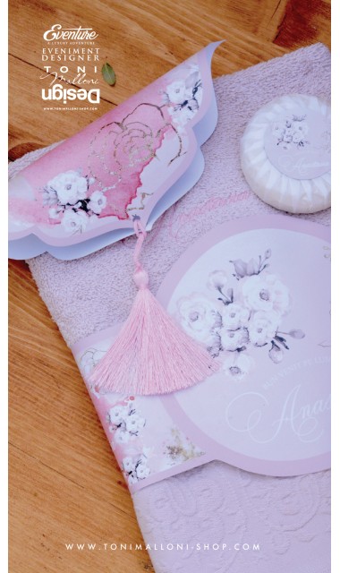Trusou botez  brodat pentru fetite cu bujori roz, Floralia 5